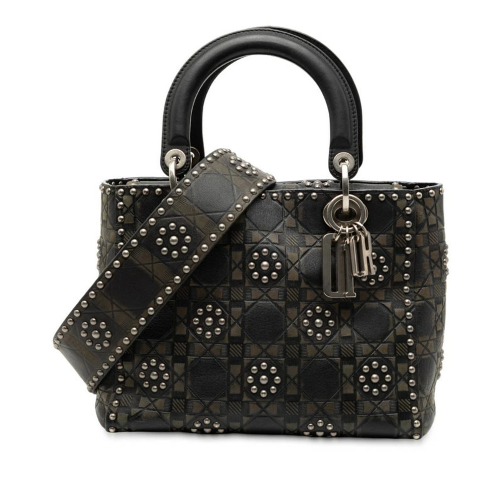 Dior Cannage Lady Studded Handbag Shoulder Bag Black Gray Calfskin